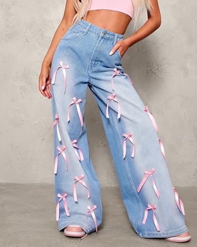 Womens Baggy Jeans Teen Girls Cute Bow Lace Up Denim Jeans High Waisted Straight Leg Pants Y2k Aesthetic Jean3