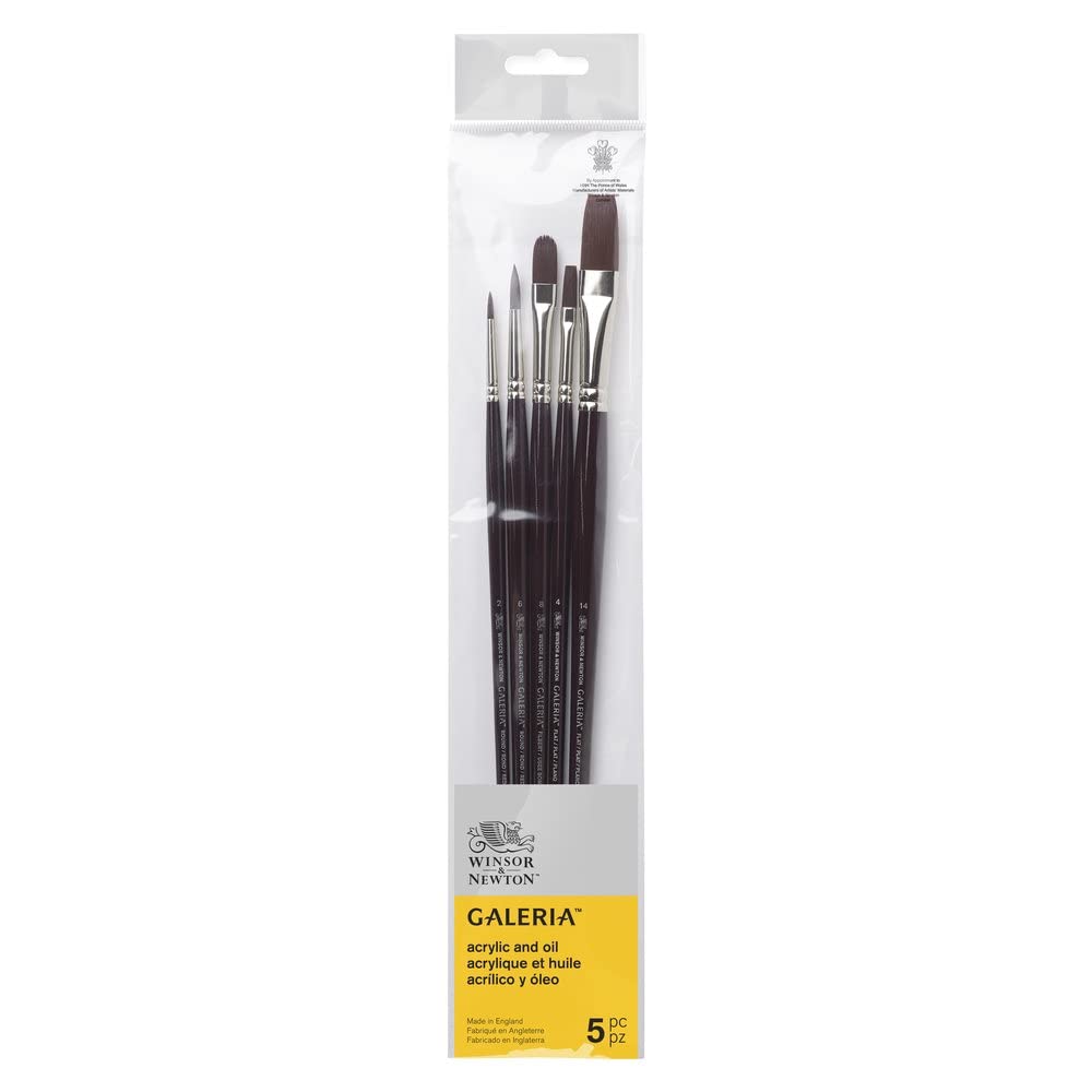 Winsor & Newton Pinceles Galeria - set de 5 pinceles mango largo (redondo nº2 y 6, planos nº 4 y 14, lengua de gato nº8) - pinceles para acrílico