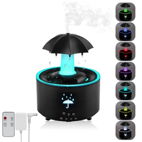 Humidificateur pour chambre à coucher, diffuseur de parapluie rotatif à 7 couleurs avec effet goutte de pluie, petit humidificateur de 300 ml, diffuseur d'arômes avec télécommande et minuterie