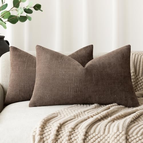 Image of Foindtower Pack of 2 Soft Textured Chenille Throw Decorative Pillow Covers Lumbar Accent Solid Cushion Cover Cozy Neutral Farmhouse Pillow Case for Couch Sofa Bedroom Living Room 12x20 Inch, Chocolate