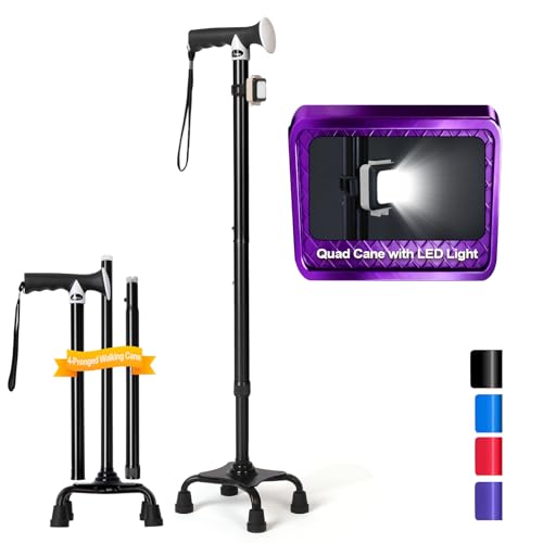 Quad Cane (300 lb) - Adjustable Walking Cane with Large 4-Pronged Base & LED Light Extra Balance & Stability Walking Stick for Seniors Men & Women