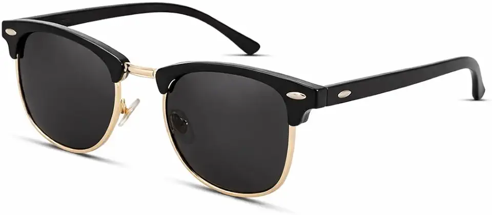 Óculos de Sol Clássico Unissex - Semi-Aro, Polarizado, UV400, Preto com Detalhes Dourados – Leve, Estilo Clássico e Proteção Total para Uso Diário