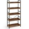 Rolanstar bookshelf 5 tier with 4 hooks industrial wood bookcase vintage storage rack with open shelves rustic standing bookshelves display rack for living room bedroom rustic brown  urban country home decor
