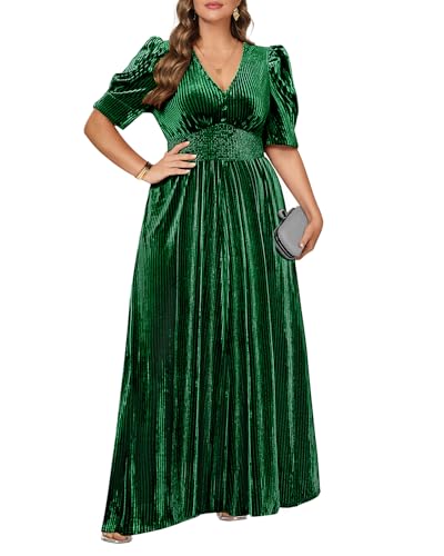 Image of Pinup Fashion Velvet Wedding Guest Dress - Fall Formal Holiday V Neck Empire Waist Long Dresses