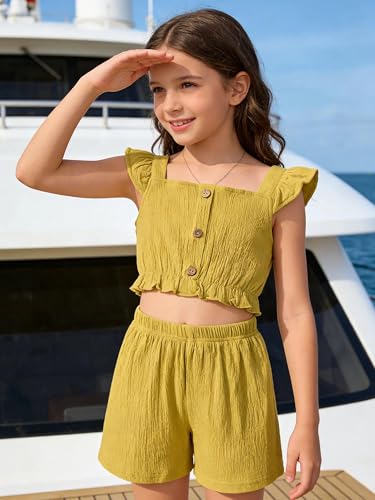 Image of Girl's Summer Clothing Sets Knit Ruffle Striped T-Shirt and Shorts 2 Piece Outfits