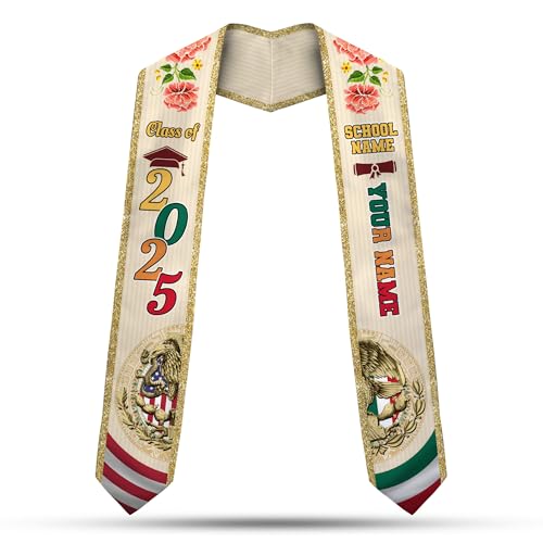 MonkeyVan Custom Mexican Graduation Sash Mexico Graduation Stole 2025 Mexican American Flag Graduation Sash Mexican Graduation M33