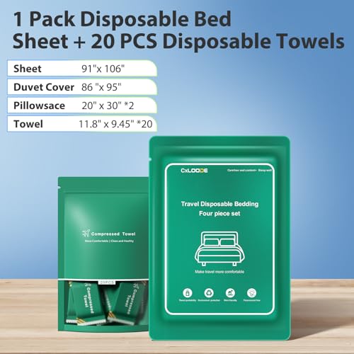 Image of Disposable Bed Sheet for Travel with 20 Pcs Disposable Face Towels, Disposable Bed Sheets with Compressed Towel Table Travel Sheet for Hotel, Cruise, Trip, SPA, Camping