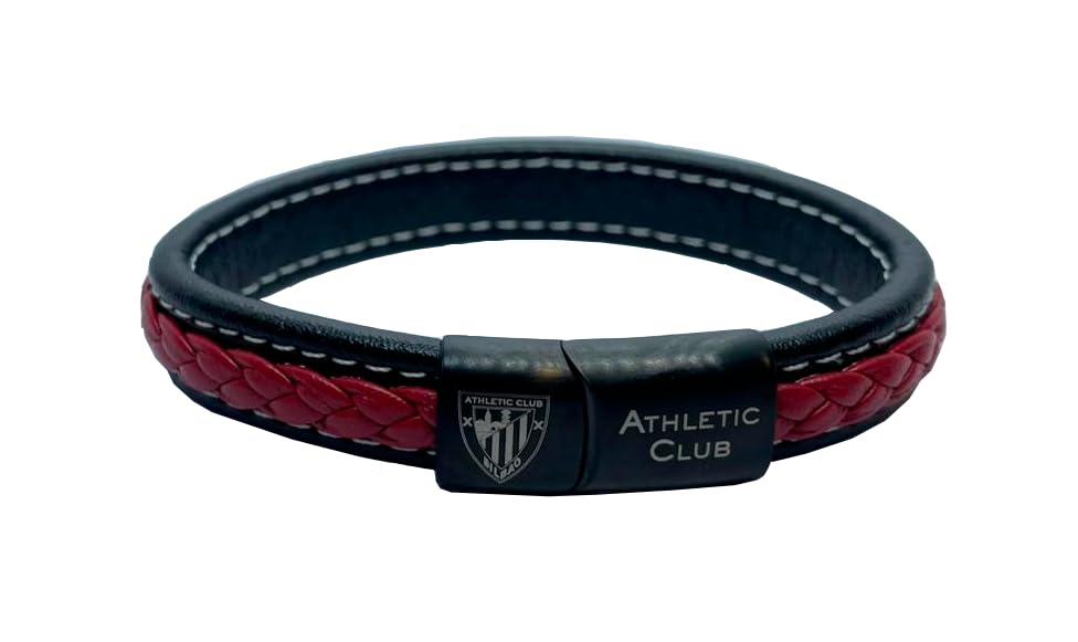 Athletic Club Pulsera de Cuero Trenzado negro y rojo, Cierre de Acero Inoxidable. Producto oficial