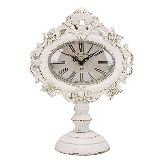 NIKKY HOME French Mantel Clock Silent Non-Ticking, Shelf Desk Top Wood Table Clock Battery Operated Vintage Rustic Design, Chic Home Decor for Desktop, Countertop, Distressed White