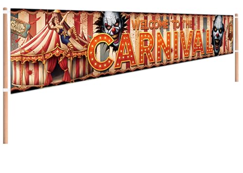 Large Welcome To The Carnival Yard Sign Banner Evil Clown Themed Banner Horror Blooding Halloween Carnival Circus Party Supplies Decorations Horror Birthday Party Backdrop - 118 x 19 Inch