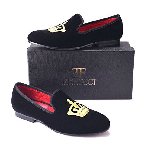FERUCCI Handmade Men Black Velvet Slippers Flats Loafers with Gold Crown2