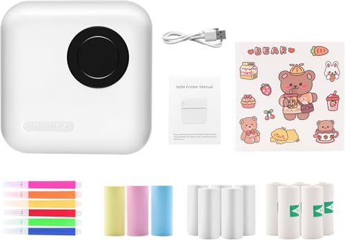 PNGOS Mini Drucker, Mini-Drucker für Smartphones, tragbarer Thermodrucker, Thermodrucker mit 13 Papierrollen zum Drucken von Etiketten, Unterrichtsmaterialien, Fotos und Anderen Dokumenten