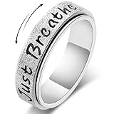 Fidget Spinner Ring for Women - Just Breathe Inspirational & Heart Purity Rings, Stainless Steel Anxiety Ring Jewelry for Adults, Thumb Roating Hope Rings for Stress Relief Gift for Her (Silver, 8)