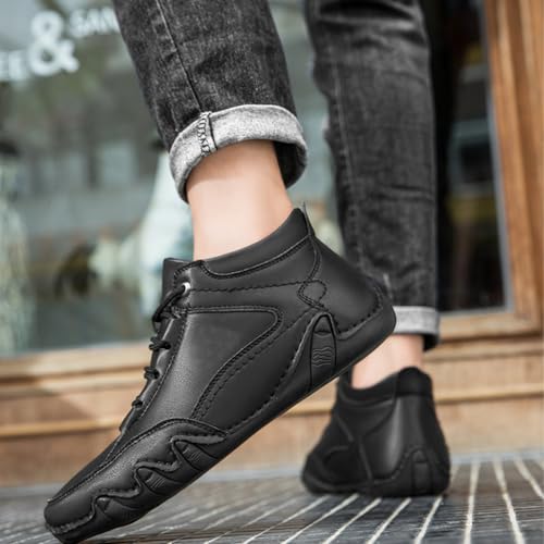Men's Soft Cattle Leather Mid top Slip On Loafers, Mens Leather Lace-Up Platform Sneakers Round Toe, Sports Tennis Jogging Running Walking Shoes2