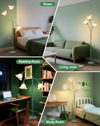 Image of Flower Floor Lamp for Living Room, Modern Tree Floor Lamp with Adjustable Heads, 3 Light 3000K Soft Warmwhite Mid Century Standing Tall Lamp with 5Lbs Heavy Base for Bedroom Kids Room-Green