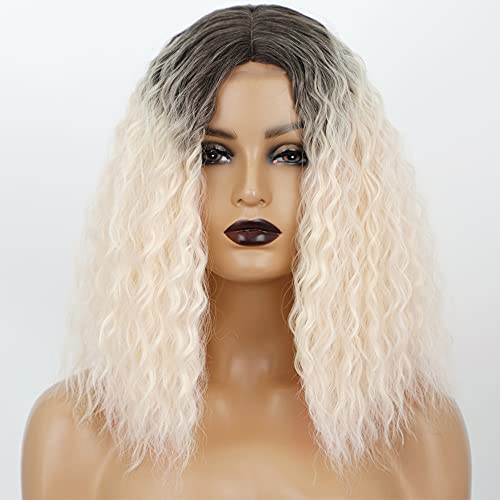AISI QUEENS Short Kinky Curly Wig for Women Ombre Blonde Realistic Looking Middle Part Medium Length Fluffy Wig Wavy Heat Resistant Synthetic Hair Wig for Women 14inch