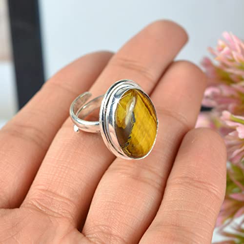 Image of Reiki Crystal Products Natural Certified Tiger Eye Ring, Tiger Eye Gemstone Ring, Adjustable, Golden & Brown