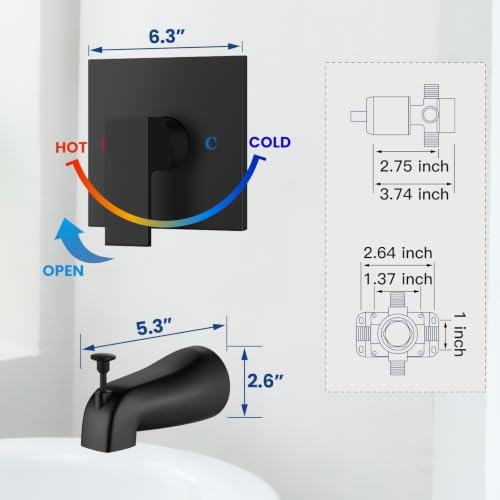 Juego de grifo para ducha Airuida en acabado negro mate con válvula para bañera y ducha | Manija única cuadrada, válvula de empotrar, grifo para bañera miniatura 6