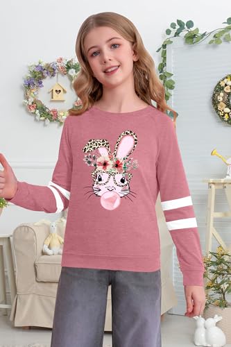 Image of LAZYCHILD Kids Easter Shirt Girls Happy Easter Shirts Rabbit Graphic Long Sleeve Striped Tee Tops 5-14 Years