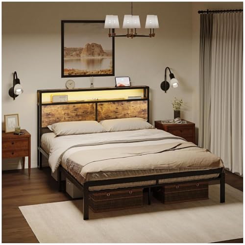 La Mejor Selección de Cama Queen Size Precio de esta semana. 48 FABATO Base para Cama Queen Size con Cabecera LED – Plataforma de Metal Antideslizante y Silenciosa – 2 Puertos USB y 2 Salidas de CA – Diseño Rústico y Resistente...