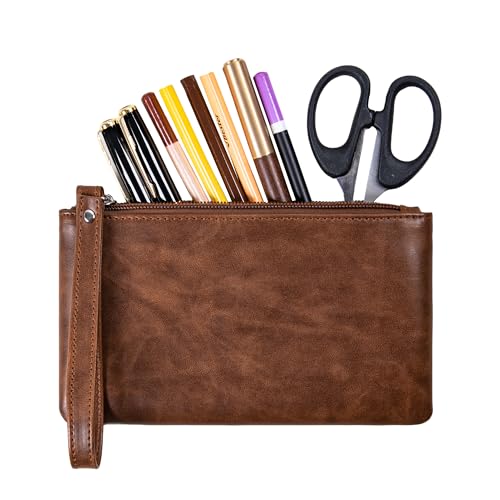Calfinder Bolsa de couro para lápis, pequena bolsa de caneta com zíper, bolsa de couro feita à mão, resistente à água, bolsa de couro para maquiagem, trocos, moedas, perfeita para trabalho/escritório