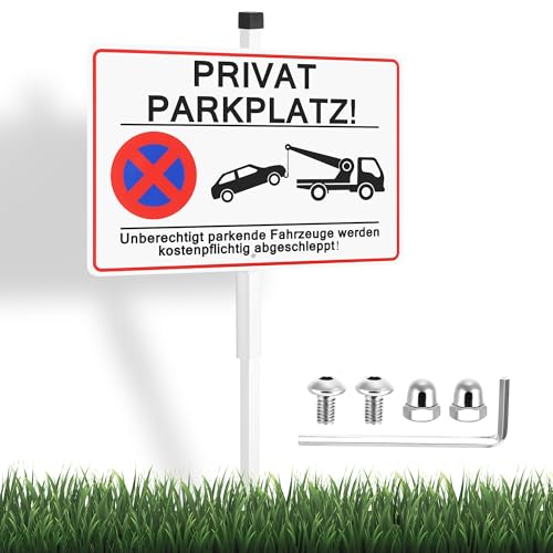 JIZZU Privatparkplatz Schild mit Pfosten 30x20 cm Parken Verboten Schild Warnschild Aluminium Unberechtigt Parkende Fahrzeuge Werden Kostenpflichtig Abgeschleppt!