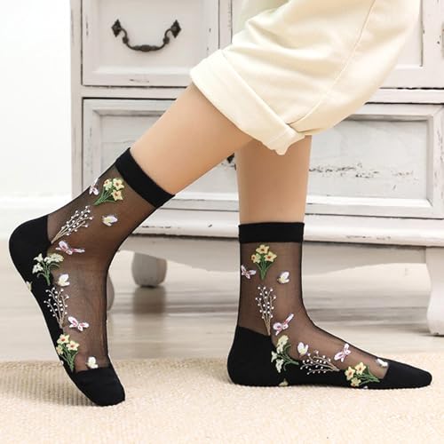 Image of DXYAKY Sheer Mesh Transparent Socks for Women Ultra-thin Lace Fishnet See Through Ankle Novelty Casual Floral Socks