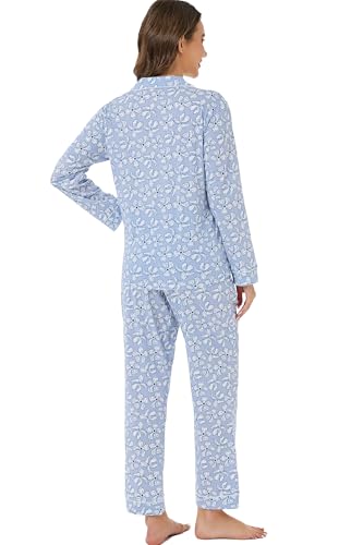 Image of LUBOT 100% Cotton Pajamas for Women Pajama Set 2 Piece PJ Sleepwear Set Soft Ladies Button Knit Long Sleeve Loungewear XS-XXL