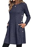 GRECERELLE Womens Winter Jumper Dresses for Women UK Ladies Dresses Tunic Knitted Long Sleeve with Pockets Side Buttons Dress (Navy Blue, XXL)
