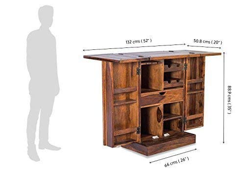 Image of Credenza Solid Sheesham Wood Wooden Bar Cabinet with Drawer Rack Wine Wisky Scotch All Type Hard and Soft Drinks Storage Cabinets for Home Living Room Honey Oak Finish Stylish Wooden Bar Cabinet