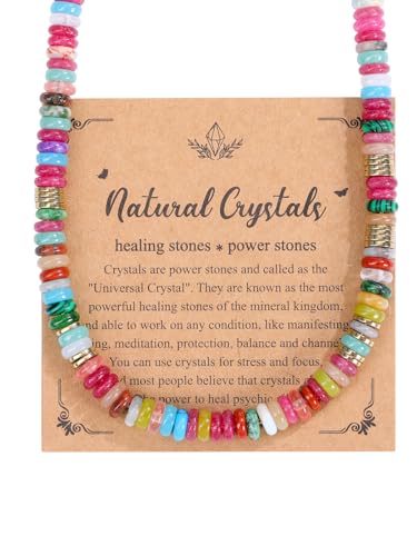JSDDE Collier de Perle Couleur en Pierres et Cristaux Précieuses pour Femme Fille Collier Perles Colorée de Boulier Heishi de Pierres Naturelles 6mm Bijoux Bohèmes Plage Été Chakra Reiki Guérison