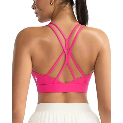 RUNNING GIRL Sports Bras for Women,Strappy Crisscross Back Padded Low Impact Running Sports Bra with Removable Cups A-bright Pink Medium