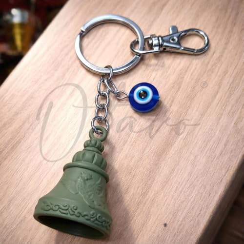 Image of OTTAVO Premium Guardian Bell Keychain for Bike & Car | Tibetan Texture Bell Keychain with Evil Eye & Silver Hook | Good Luck Charm with Laser-Engraved Wooden Gift Box