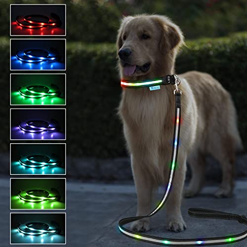 Led Dog Lead,Lighted Dog Lead for Night Walking,USB Rechargeable RGB Color Changing Heavy Duty Light Up Dog Leash Padded Handle Glow in The Dark Led Leashes for Small Medium Large Dogs-1.8M