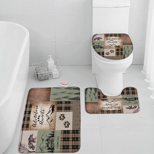 QWRSMYX 3 Pieces Set Bear Deer Plaid Bath Mat Rustic Cabin Brown Buffalo Check Elk Moose Wild Animal Pine Tree Forest Lodge Hunting Wildlife Bathroom Rugs Toilet Lid Cover Pedestal Rug U-Shaped