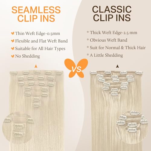 Image of DOORES Seamless Clip-In Hair Extensions, Real Human Hair, Platinum Blonde, 18 Inch, 7pcs, 110g, Straight, Invisi Edge
