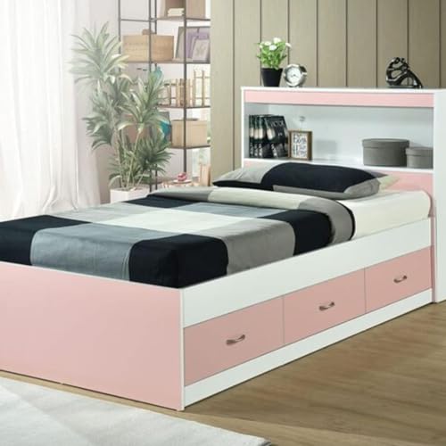Hodedah Twin-Size Captain Bed with 3-Drawers and Headboard in Pink