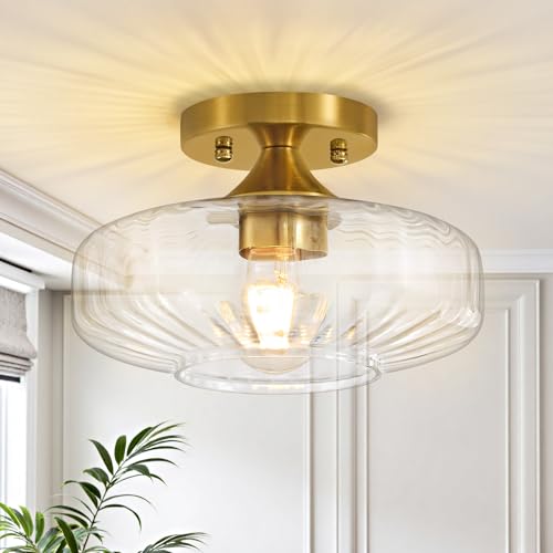 Actask Ceiling Lights, 9.84'' Gold Chandeliers Ceiling Light, 1-Light Semi Flush Ceiling Lighting Fixture with Clear Striped Glass Shade for Hallway Bedroom Kitchen Dining Room