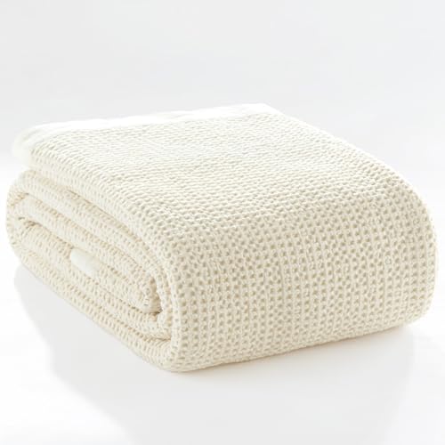 Image of PHF Stone Washed 100% Cotton Waffle Blanket, Vintage Deep Honeycomb Texture, Breathable Thermal Blanket for Bed & Home Decor, All Season Layering - King, Undyed /Raw