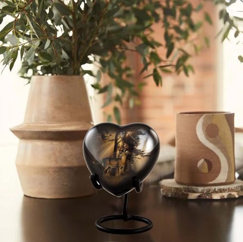 Image of Gone Hunting Deer Heart Keepsake Urn with Sunrays - Majestic Buck Sharing Urn - Handcrafted Mini Memorial Cremation Urn for Human Ashes with Display Stand & Velvet Box (Heart Keepsake)
