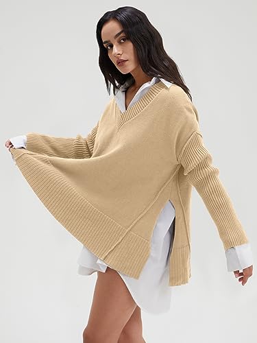 Image of DEEP SELF Women's V Neck Oversized Sweaters Long Batwing Sleeve Split Hem Pullover Asymmetric Loose Casual Knit Tops