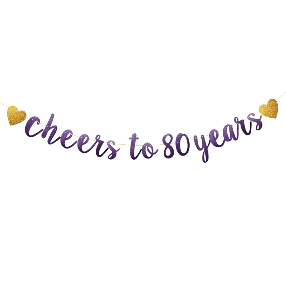 Betteryanzi Purple Glitter Paper Banner, Pre-Strung,80th Birthday/Wedding Anniversary Party Decoration Supplies, Letters Purple Cheers to 80 Years