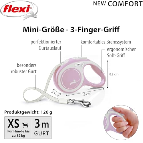 flexi® Comfort XS Gurt 3 m rosa, Roll-Leine für kleine Hunde bis 12 kg. Nur 126 gr. leichte Taschenleine im Miniformat 8,2 x 13 cm, Griffgröße für 3-Finger