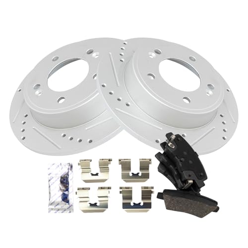 Image of TRQ Performance Rear Brake Pad and Rotor Set Ceramic Drilled Slotted G Coated Rotors Compatible with 2017-2020 Hyundai Elantra 2020-2022 Venue 2020-2022 Kia Soul