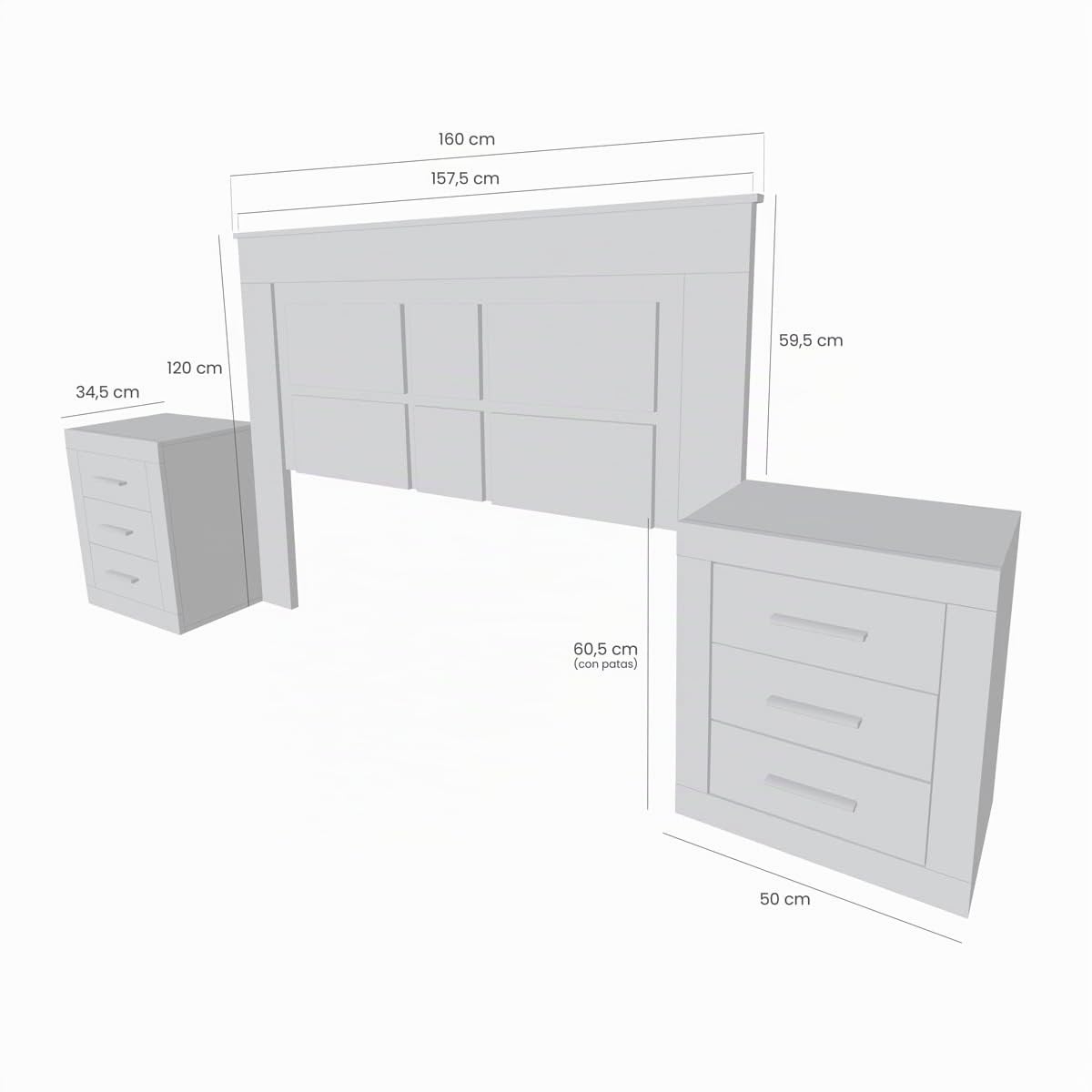 Somnia Descanso - Pack Cabecero Nórdico Mandi de 160 x 120 cm + 2 Mesitas de Noche | Diseño Práctico y Elegante | Colores Cambria y Grafito (para Cama de 135-140 o 160)
