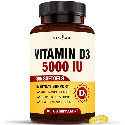 NEW AGE Vitamin D3 5000 IU 125mcg Softgels - Support Immune Support, Strong Bone Health - Non-GMO, Gluten-Free, Dairy-Free,1 Year Supply (360 Softgels (Pack of 1))