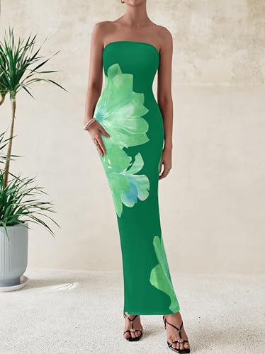 Image of PRETTYGARDEN Women Summer Strapless Maxi Dress Bodycon Floral Sexy Long Wedding Guest Dress Formal Tube Mesh Cocktail Dresses