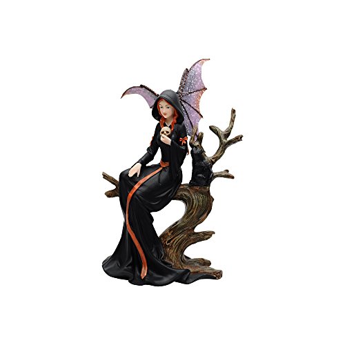 Comfy Hour Fairyland Collection Resin Fairy Witch with Skull and Black Cat Sitting On Withered Tree Crafted Figurine
