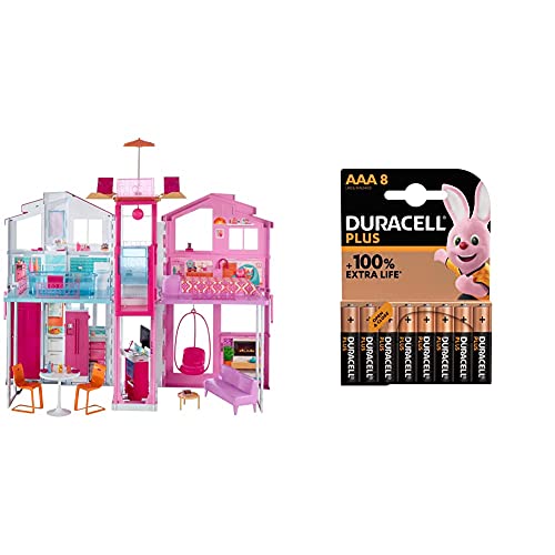 Barbie La Casa di Malibu per Bambole con Accessori e Colori Vivaci + Duracell LR03 MN2400 Plus AAA, Batterie Ministilo Alcaline,