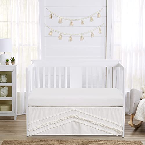 Sweet Jojo Designs Ivory Boho Bohemian Girl Or Boy Baby Nursery Crib Bed Skirt Dust Ruffle - Gender Neutral Solid Color Beige Cream Off White Farmhouse Chic Unisex Minimalist Fringe Macrame Cotton #TOP1